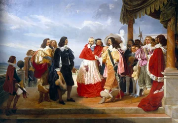 Nicolas Poussin Fransk maler, der ankommer fra Rom, præsenteres for Louis XIII, konge af Frankrig af kardinal Richelieu, detaljer