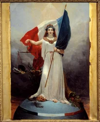 Republikkens symbolske figur. Allegori, der fremstiller republikken som en kvinde med en laurbærkrans, symbol på fred, som holder en vægt, symbol på retfærdighed, og det trefarvede flag. Under hendes fod ligger den knuste monarkis krone og de brudte