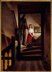 Alderspinden En lille pige hjælper en gammel mand ned ad en trappe. Maleri af Jean Alphonse Roehn (1799-1864) 1852 Rouen, Musee des Beaux Arts