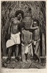 En indbygger på øen Hiva-Oa (Hiva Oa) og hans søn, der omkranser et udskåret træidol, der forestiller guden Tiki, i øgruppen Marquesas-øerne, indgraveret efter en tegning af A.Rixens, der illustrerer minderne om Stillehavet, i 1872-1874, af