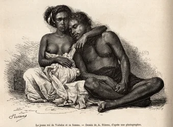 Den unge konge af Vaitatu, på øen Tauata, i øgruppen Marquises-øerne, omgiver sig til sin hustrus arme, indgraveret efter en tegning af A.Rixens, der illustrerer minderne om Stillehavet, i 1872-1874, af A. Pailhes, et skibs