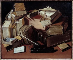 Stilleben med bøger Maleri af Jean Andreas Biset (1672-ca. 1710). Bourg en Bresse, Musee de Breu - Stilleben med bøger. Maleri af Jean Andreas Biset (1672-ca.1710). Breu Museum, Bourg en Bresse, Frankrig
