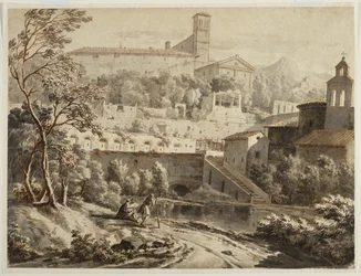 En kunstner, der skitserer langs en flodbred, under en italiensk by, ca. 1780 (blæk og vask på lagt papir, spor af sort kridt)