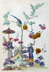 Tegningen kommer fra en kinesisk vase: par i en have. Maleri af Jean Antoine Fraisse (1700-tallet)