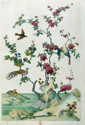 Tegning fra en kinesisk vase: fugle og blomster. Maleri af Jean Antoine Fraisse (1700-tallet)