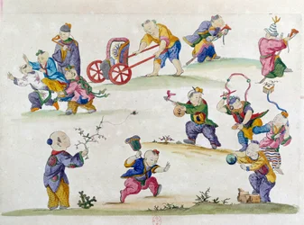 Tegning fra en kinesisk vase: børns leg. Maleri af Jean Antoine Fraisse (1700-tallet)