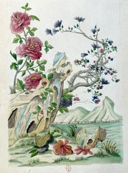 Tegning fra en kinesisk vase: blomster i et landskab. Maleri af Jean Antoine Fraisse (1700-tallet)