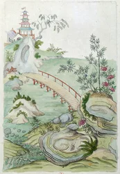 Tegning fra en kinesisk vase: landskab med bro. Maleri af Jean Antoine Fraisse (1700-tallet)