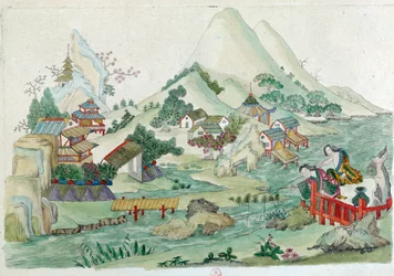 Tegning fra en kinesisk vase: landskab med flod og tegn. Maleri af Jean Antoine Fraisse (1700-tallet)