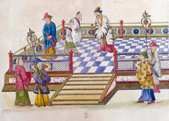 Tegning fra en kinesisk vase: scene ved paladset. Maleri af Jean Antoine Fraisse (1700-tallet)