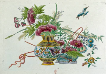 Blomster i en vase. Tegningen kommer fra en kinesisk vase. Maleri af Jean Antoine Fraisse (1700-tallet)