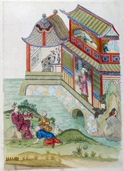 Hus ved floden. Tegningen kommer fra en kinesisk vase. Maleri af Jean Antoine Fraisse (1700-tallet)