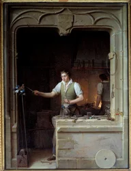 En låsesmed forsøger at bide sin fil til en jay Illustration til Jean de La Fontaines fabler. Maleri af Jean Antoine Laurent (1763-1832) 1829 søn. 0,86x0,65 m - En låsesmed søger at få en jay til at bide sin metalfil. Illustration til Jean de La Fontaines 