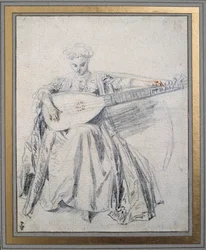 En lutspiller tegner en blymine og blod af Jean Antoine Watteau (1684-1721) Chantilly-museet Conde fra det 18. århundrede