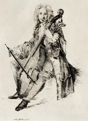 Cellospiller, af Jean Antoine Watteau (1684-1721), gravering, Frankrig
