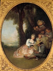 Champetre-koncert eller "" Den forventede erklæring"". Ungt forelsket par rødmer. Rokoko-maleri af Jean Antoine Watteau (1684-1721)