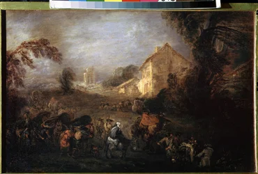 Krigens byrde. Maleri af Jean Antoine Watteau (1684-1721). Olie på kobber, 21,5 x 33,5 cm, ca. 1713. Fransk kunst, Rokokokunst. Eremitagemuseet, Sankt Petersborg.