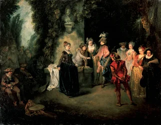 Love in French Theatre af Jean-Antoine Watteau (1684-1721), olie på lærred, 37x48 cm