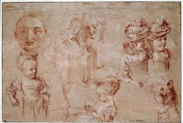 Pjerrots maske, fem piger i buste, en mands drapering og en kvindes ansigt. Tegning af blod og kridt hække af Jean Antoine Watteau (1684-1721) 1700-tallet Sun. 0,27x0,4 m Paris, Musée du Louvre