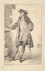 Stående mand med højre hånd hvilende på et bassin, vist i trekvart billede med..., ca. 1710.