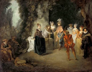 Den franske komedie af Watteau, Jean Antoine (1684-1721), efter 1716 - Olie på lærred, 37x48 - Statsmuseer, Berlin