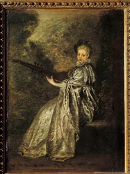 Finettepigen, der spiller et strygeinstrument. Maleri af Jean Antoine Watteau (1684-1721) 1700-tallet søn. 0,25x0,19 m