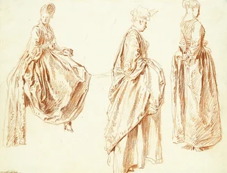 Tre damer i profil til højre, en siddende, ca. 1713-14