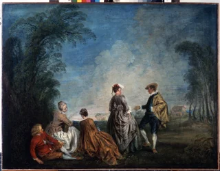 Et pinligt forslag. Maleri af Jean Antoine Watteau (1684-1721). Olie på lærred, 65 x 84,5 cm