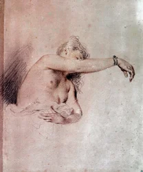 Nøgen kvinde med løftet arm. Sanguinetegning af Jean-Antoine Watteau (1684-1721), 18. århundrede. 0,28 x 0,23 m. Paris, Musée du Louvre