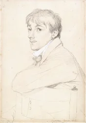 Jean-Louis Provost, siddende og hvilende sin venstre arm på ryggen af en stol, 1813