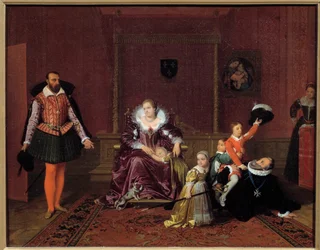 Konge af Frankrig Henrik IV (1553-1610) leger med sine børn foran den spanske ambassadør I midten, dronning Mary af Medicis, er børnene Ludvig XIII, Elizabeth af Frankrig, Christine af Frankrig og Nicolas. Maleri af Jean Auguste Dominique Ing