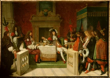 Ludvig 14. og Molière: Kong Ludvig 14. (1638-1715) og Jean Baptiste Poquelin, kaldet Molière (1622-1673), ved bordet foran hofmændene. Maleri af Jean Auguste Dominique Ingres (1780-1867)