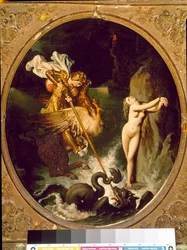 Roger delivrant Angelique Angelique (Angelica) bliver befriet af Roger (Ruggero, Ruggiero) rider på en flodhest - Illustration af X-sangen af "" Furious Roland" (Orlando furioso) af Ludovic Ariosto (Arioste) - Maleri af Jean Auguste Dominique Ingres ( 178