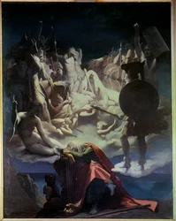Drømmen om Ossian Illustration af operaen "" Ossian or the Bards"" af Jean Francois (Jean-Francois) Le Sueur (Lesueur) (1760-1837), barden Ossian var en skotsk digter fra det 3. århundrede læst af Napoleon, han er en repræsentant, der sover på en lire, beh