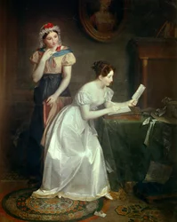 Svaret på brevet En ung kvinde skynder sig at besvare sin elskers brev - Maleri af Jean Augustin (Jean-Augustin) Franquelin (1798-1839) 1800-tallet søn 0,46x0,38 m