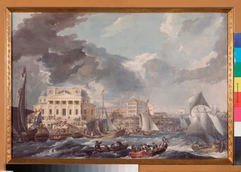 Vue de la Bourse a Saint Petersburg (Udsigt over børsen i Skt. Petersborg) - Værk af Jean Balthazard de la Traverse (anden halvdel af det 18. århundrede), akvarel og gouache på papir