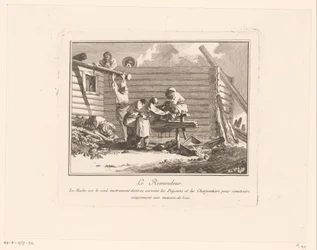 Figurer ved en saksesliber foran et træhus under opførelse Le Remouleur (titel på objekt)