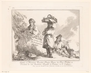 Titeltryk med tre gadesælgere med deres varer nær en sten 2me Suitte de Divers Cris de Marchands de Russie (serietitel på objekt) Russiske gadesælgere og handlende (serietitel)