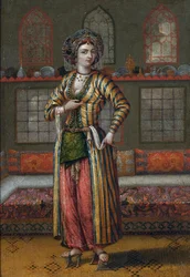 ""Portræt af en kvinde fra adelen i Konstantinopel iført hammam-sko"" (En adelig dame fra Konstantinopel iført Hammam-sko) Maleri fra Jean Baptiste Vanmours skole (Van Mour) Olie på lærred, 25,5x18 - Privat samling