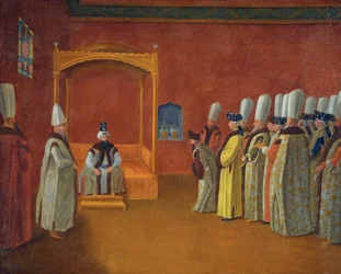 Sultan Ahmed III (Ahmet III) (1673-1736) Modtagelse af en europæisk ambassadørdelegation ved Topkapi-paladset af Vanmour (Van Mour), Jean-Baptiste