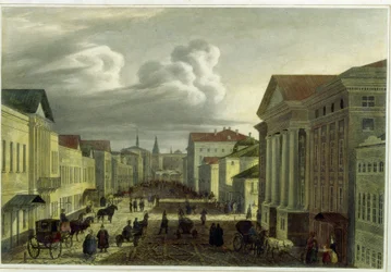 Tverskaya Street i Moskva (Tverskaya Street i Moskva). Værk af Auguste Jean Baptiste Antoine Cadolie (1782-1849), litografi, farvelægning i akvarel