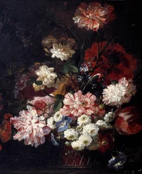 Kurv med blomster på et bord Maleri af Jean Blin (eller Blain eller Belin) af Fontenay (1653-1715) 1600-tallet søn. 0,46x0,55 m