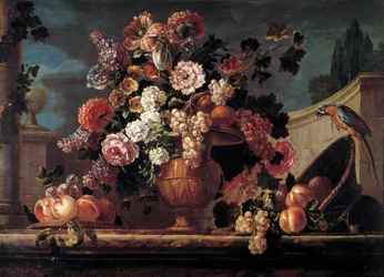Blomster, frugter og papegøjer Maleri af Jean Blin (eller Blain eller Belin) fra Fontenay (1653-1715) 1700-tallets Orleans. Museum for Skønne Kunster
