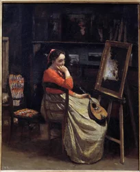 En eftertænksom ung kvinde, en mandolin i hånden, i malerens atelier Maleri af Camille Corot (1796-1875) 1865 Søn. 0,56x0,46 m Paris, Musee d