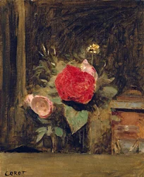 Buket blomster i et glas ved siden af en tobaksgryde, ca. 1873-74