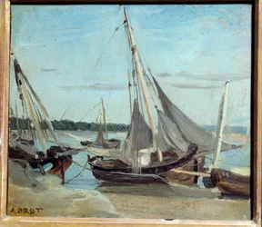 Fiskerbåde i Trouville Channel. Maleri af Camille Corot (1796-1875)