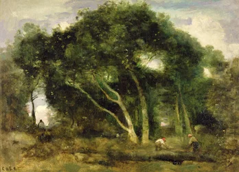Fontainebleau: Leaning Oaks in a Forest Clearing, ca. 1830-40 (olie på lærred)