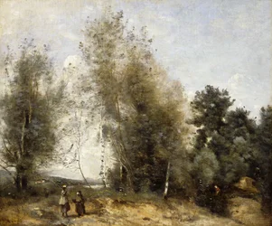 Gruppe af træer ved kanten af ​​en dam med tre bønder; Gruppe af træer ved kanten af ​​en dam, med tre bondepiger, ca. 1865-1870