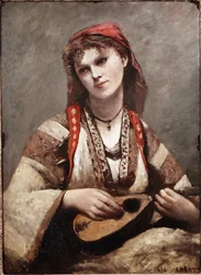 Gypsy har mandolin. Maleri af Jean-Baptiste Camille Corot (1796-1875). 1874. Kunstmuseet i Sao Paulo. Brasilien