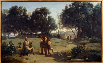 Homer og hyrder. Den græske digter på øen Patmos. Maleri af Camille Corot (1796-1875) 1845 søn. 0,8x1,3 m Saint Lo, Musee des Beaux Arts